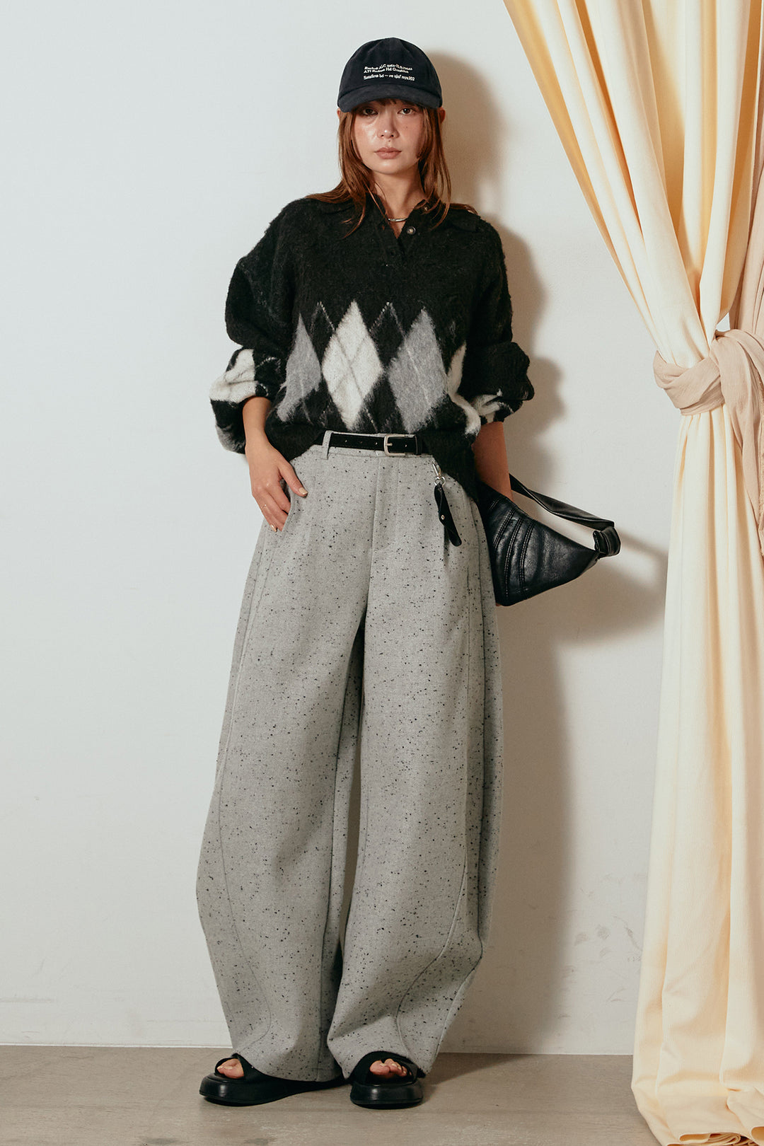 [SET]アーガイル柄ポロニットトップス+ベルト付きネップツイードカーブパンツ(2set)