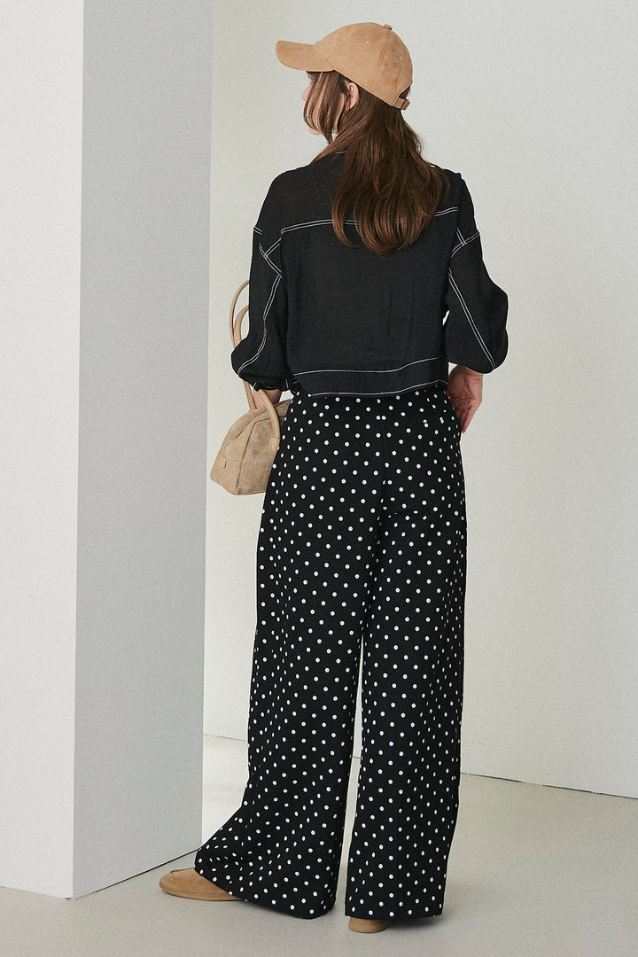 [SET]配色ステッチシアーシャツ+ベルト付きドット柄ワイドパンツ(2set)