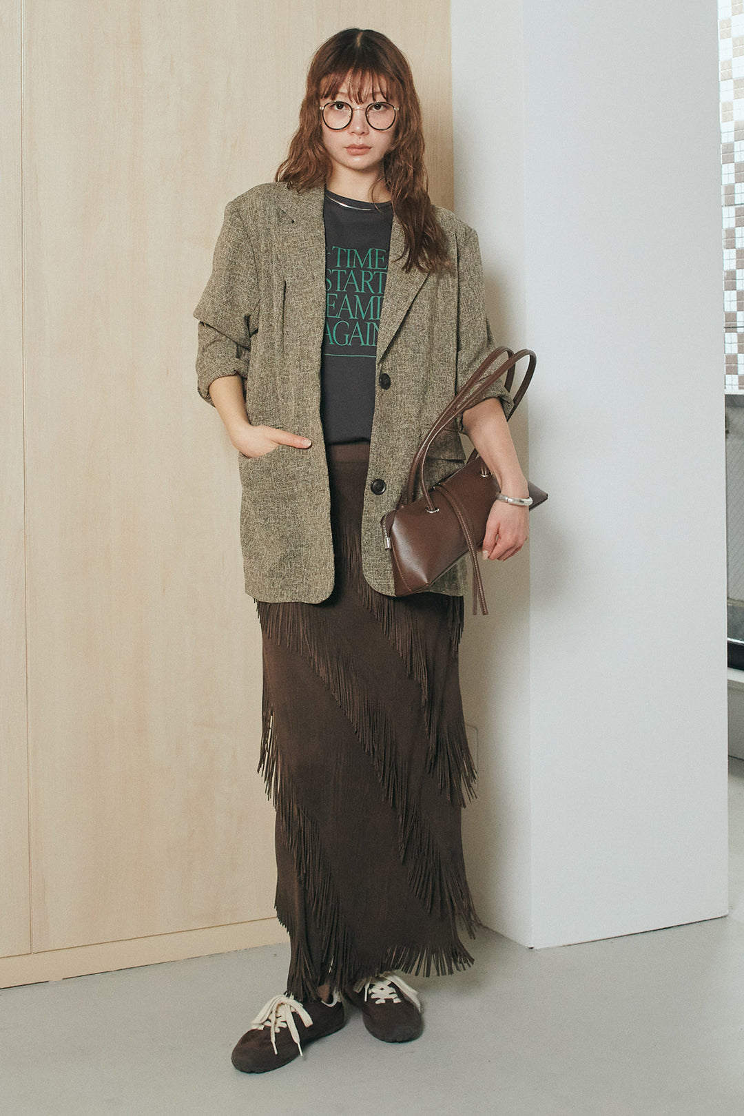 [SET]ミックスツイードベルト付きジャケット+斜めフリンジデザインスカート(2set)