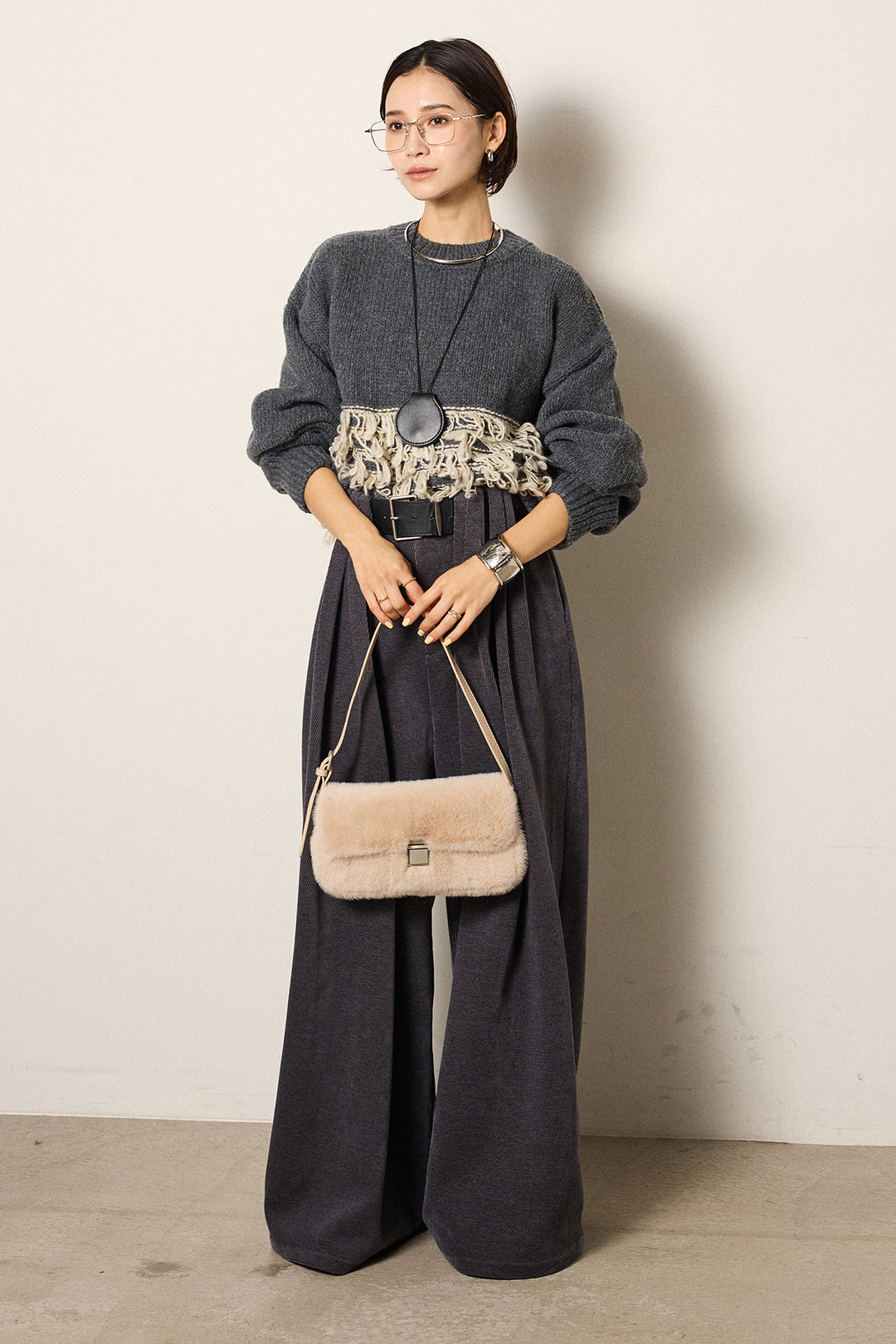 [SET]ループ編み切り替えニットプルオーバー+ベルトループコーデュロイワイドパンツ(2set)