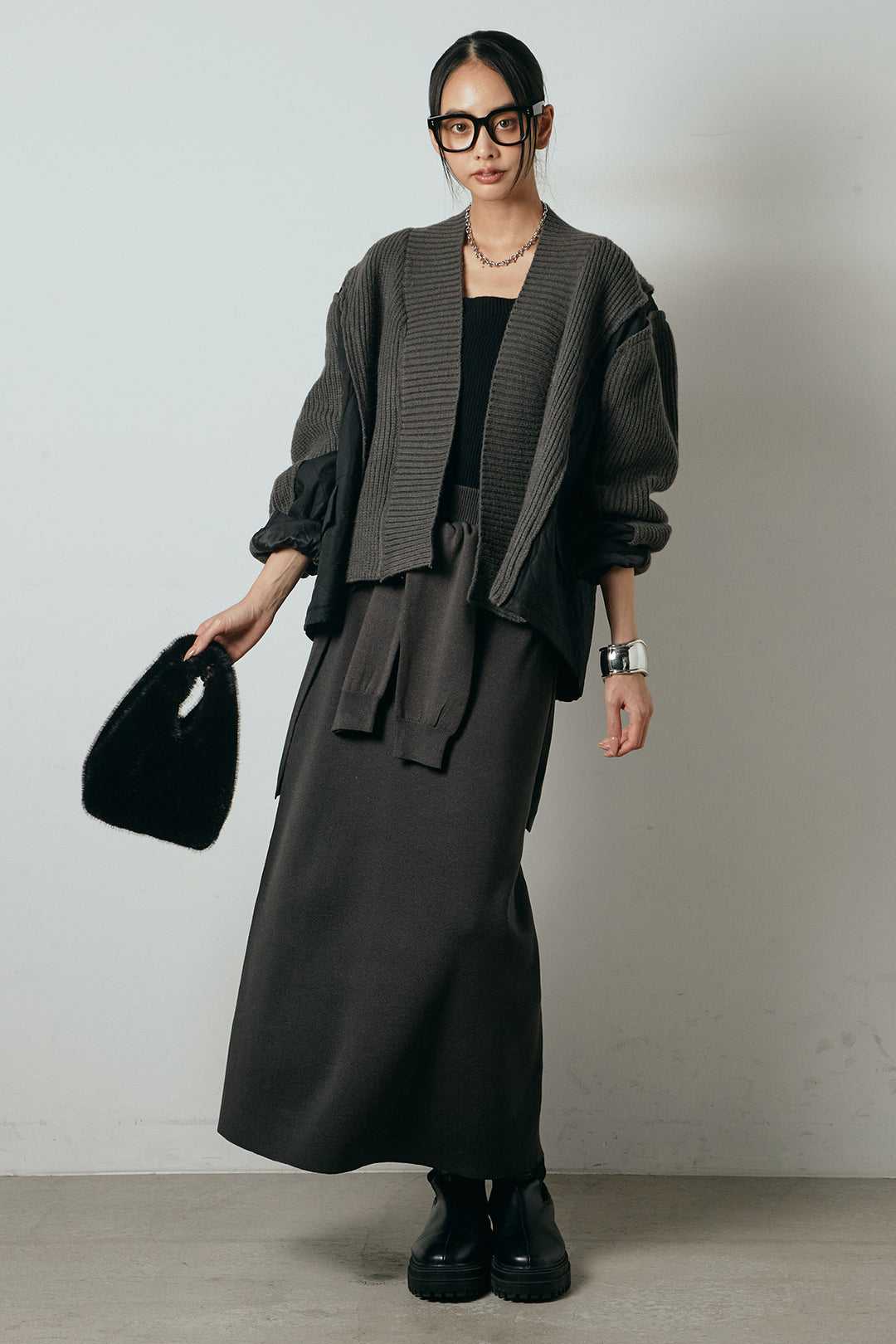 [SET]キルティング切り替えニットカーディガン+ウエストラップ巻きニットスカート(2set)