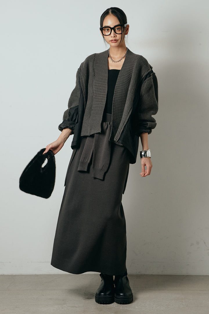 [SET]キルティング切り替えニットカーディガン+ウエストラップ巻きニットスカート(2set)