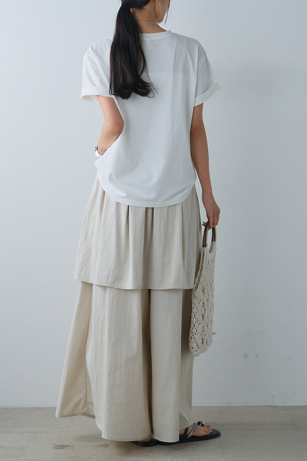 [SET]PARISフォトTシャツ+タックスカートドッキングフレアパンツ(2set)