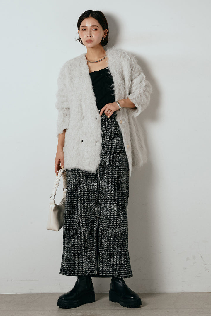 [SET]ウェーブシャギーニットジャケット+グレンチェック柄フロントジップタイトスカート(2set)