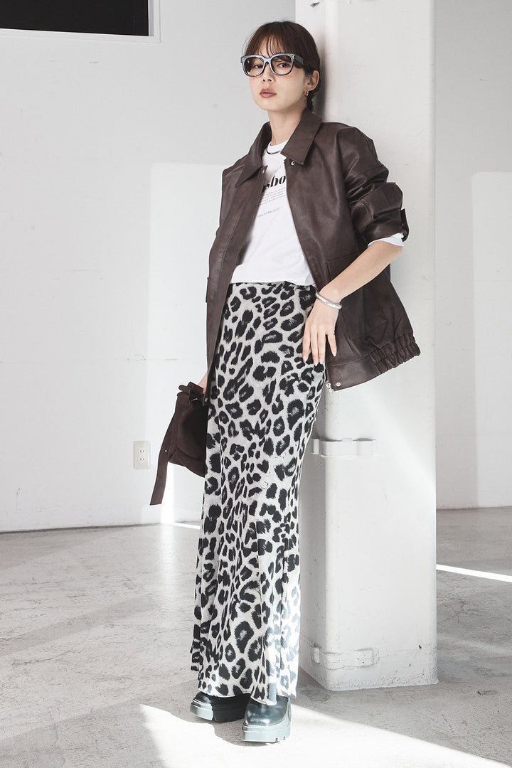 [SET]レザーライクオーバーサイズブルゾン+レオパードサテンナロースカート(2set)