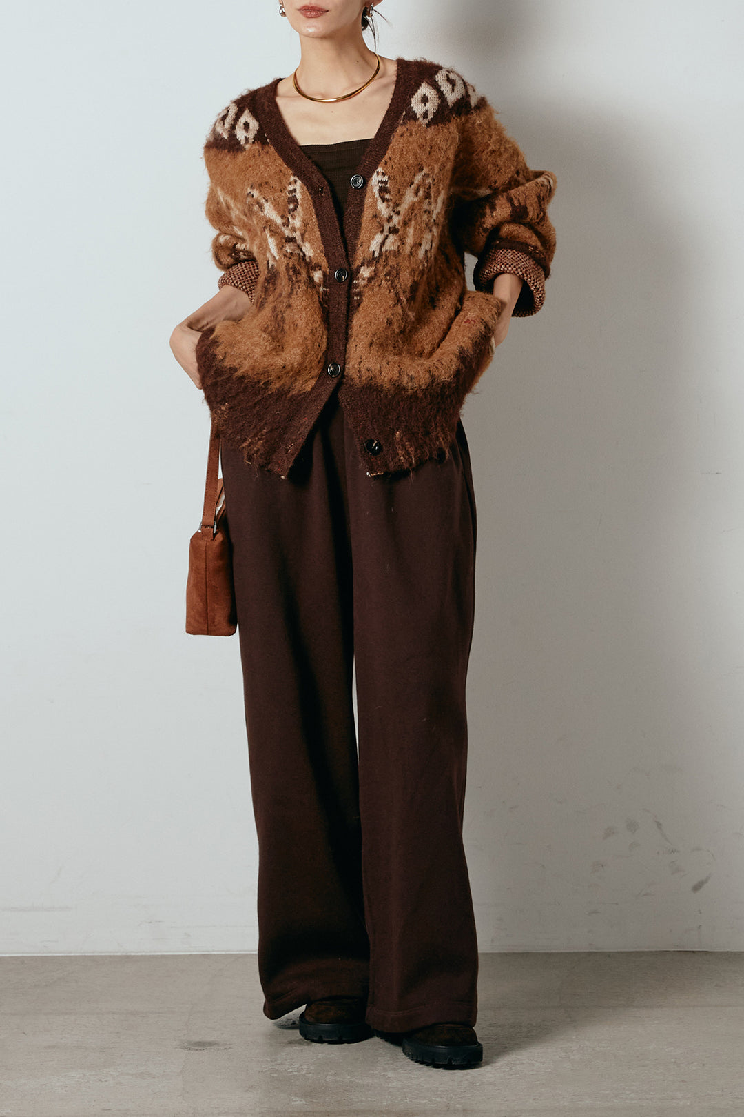 [SET]シャギーニュアンス柄ニットカーディガン+裏起毛スウェットワイドパンツ(2set)