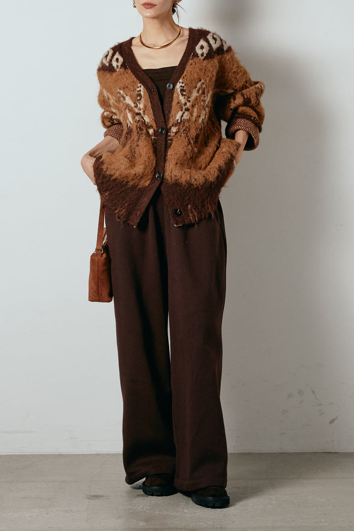 [SET]シャギーニュアンス柄ニットカーディガン+裏起毛スウェットワイドパンツ(2set)