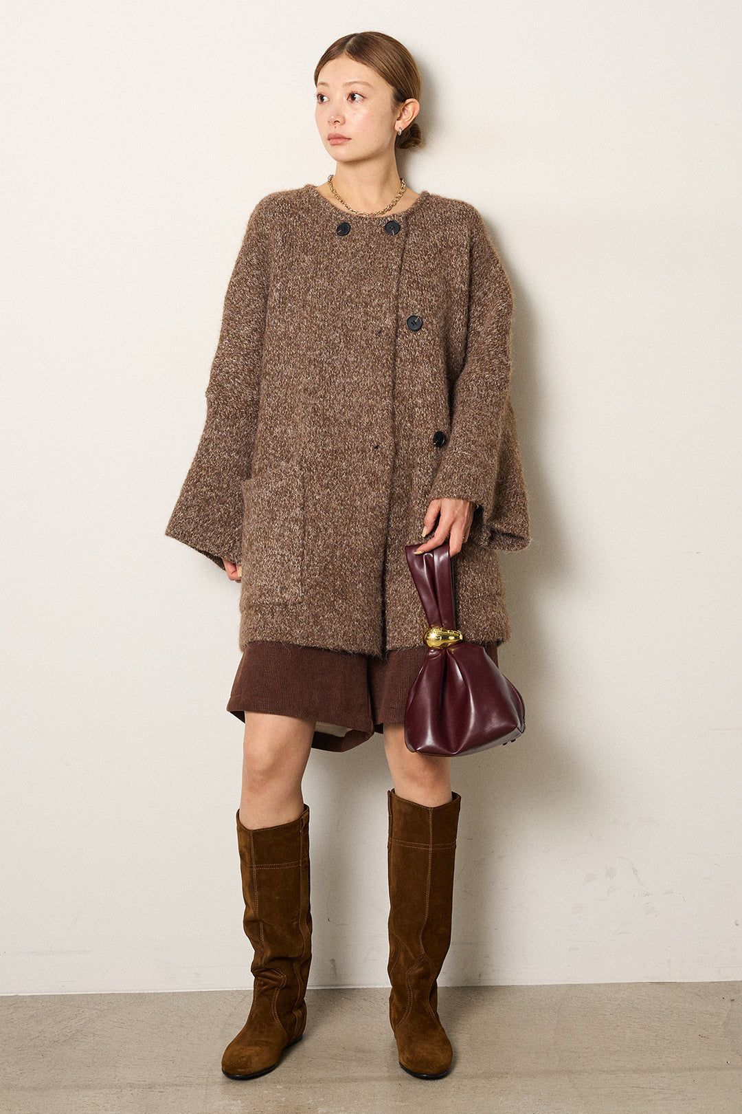 [SET]アシンメトリーボタンニットカーディガン+リラックスコーデュロイハーフパンツ(2set)