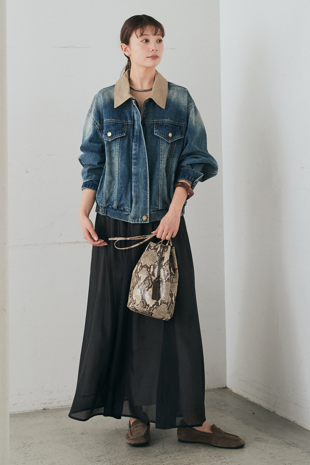 [SET]襟切り替えジップデニムジャケット+リラックスシアーフレアスカート(2set)