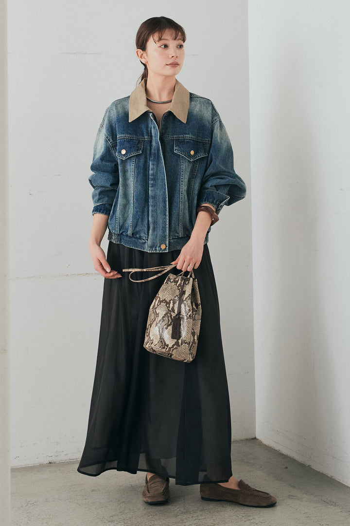 [SET]襟切り替えジップデニムジャケット+リラックスシアーフレアスカート(2set)