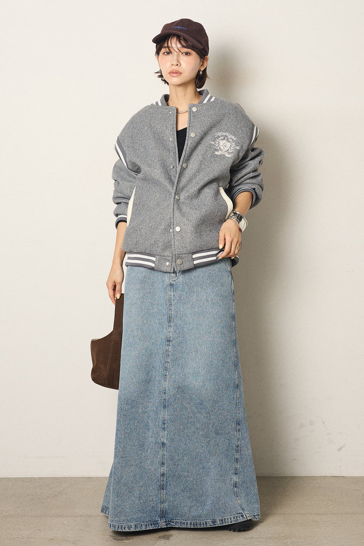 [SET]ワンポイントデザインブルゾン+デニムロングフレアスカート(2set)