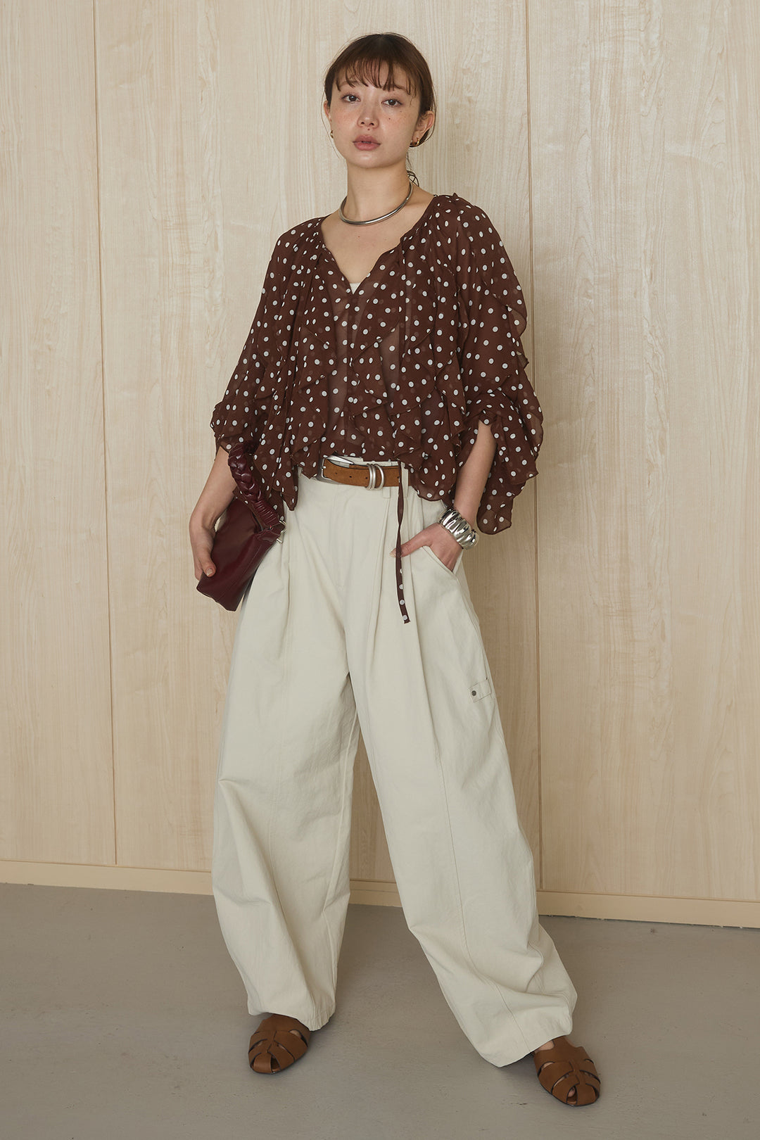 [SET]ドットフリル長袖ブラウス+コットンポリツータックセンターシームカーブパンツ(2set)