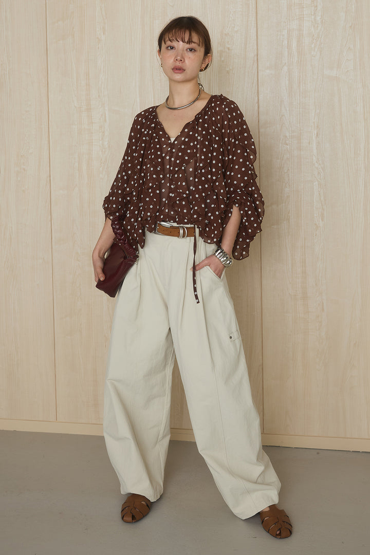 [SET]ドットフリル長袖ブラウス+コットンポリツータックセンターシームカーブパンツ(2set)