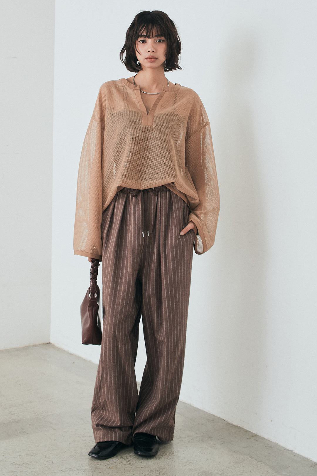 [SET]メッシュカットソースキッパープルオーバー+リネンライクストライプタックイージーパンツ(2set)