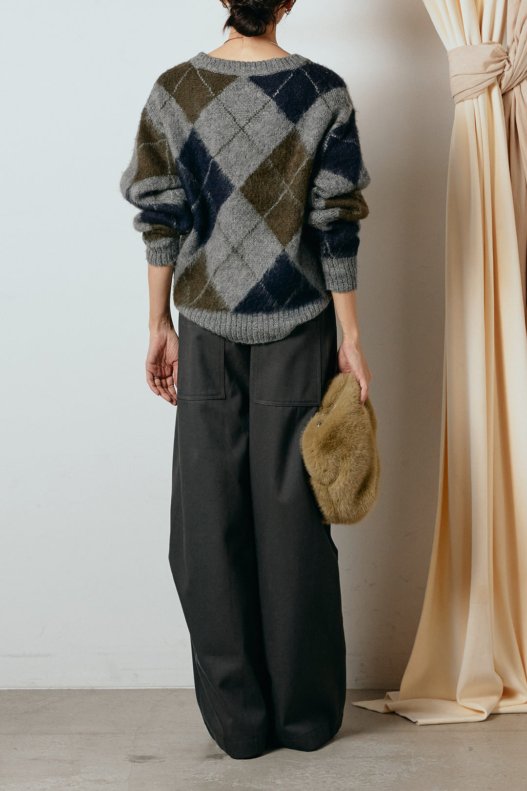 [SET]アクリルモヘアアーガイルVネックプルオーバー+太ベルト付きタックデザインワイドパンツ(2set)
