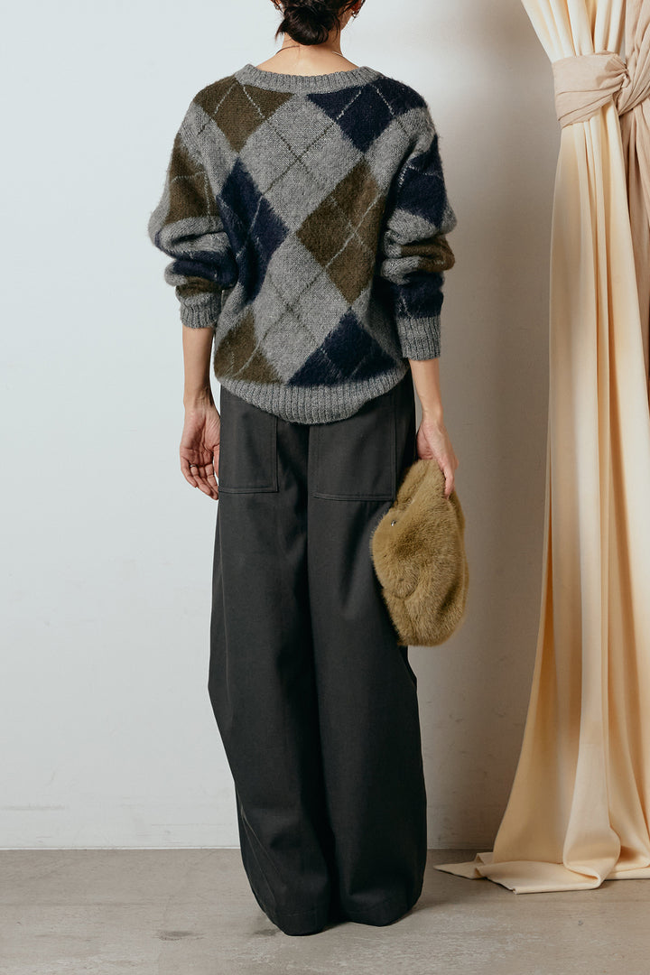 [SET]アクリルモヘアアーガイルVネックプルオーバー+太ベルト付きタックデザインワイドパンツ(2set)
