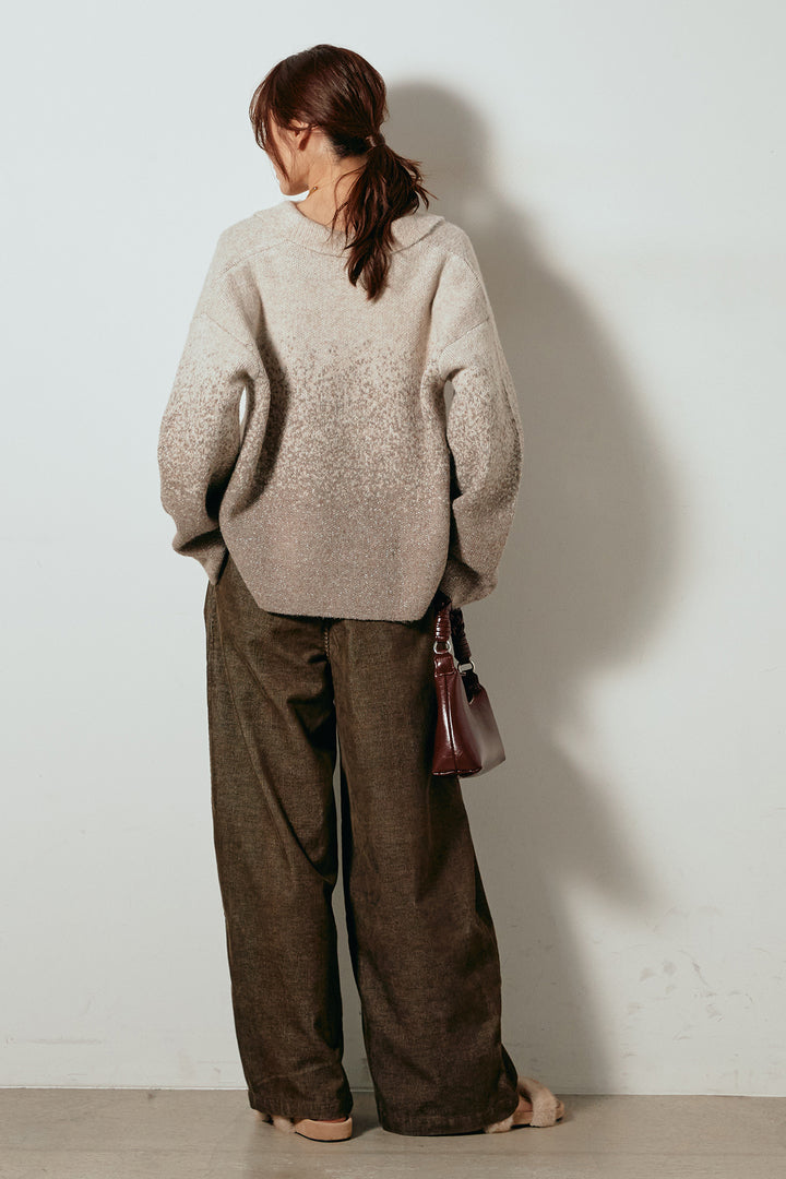 [SET]グラデーションラメニットキーネックプルオーバー+フロントタック入りコーデュロイパンツ(2set)