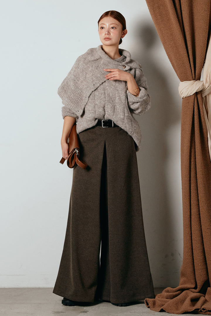 [SET]ケープデザインケーブルニットトップス+ベルト付きフロントタックデザインパンツ(2set)