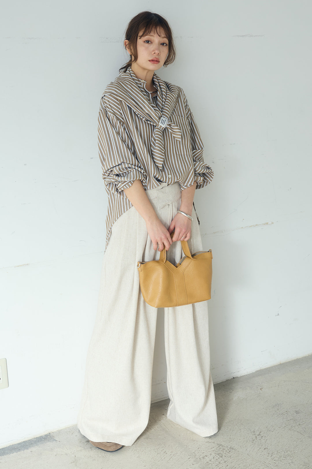 [SET]レーヨンストライプスカーフ+麻混タックワイドパンツ+レーヨンストライプバンドカラー長袖シャツ(3set)