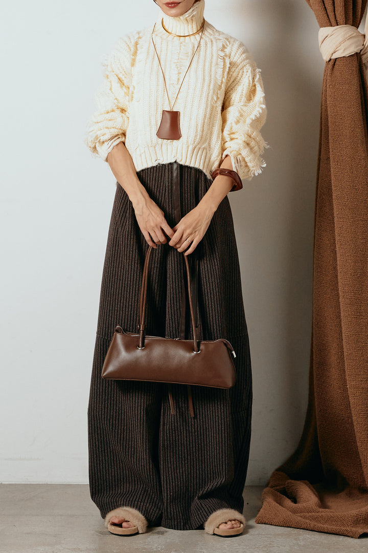 [SET]フリンジタートルショートニット+レザーライク配色ストライプパンツ(2set)