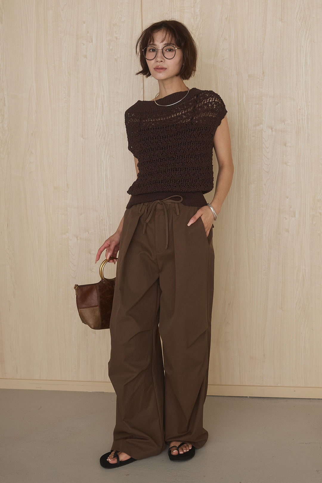 [SET]透かしレース編みフレンチニット+ニーサイドタックウエストドロストパンツ(2set)