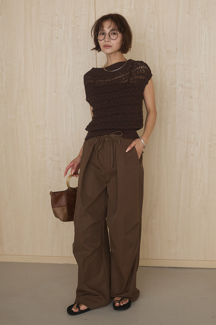 [SET]透かしレース編みフレンチニット+ニーサイドタックウエストドロストパンツ(2set)