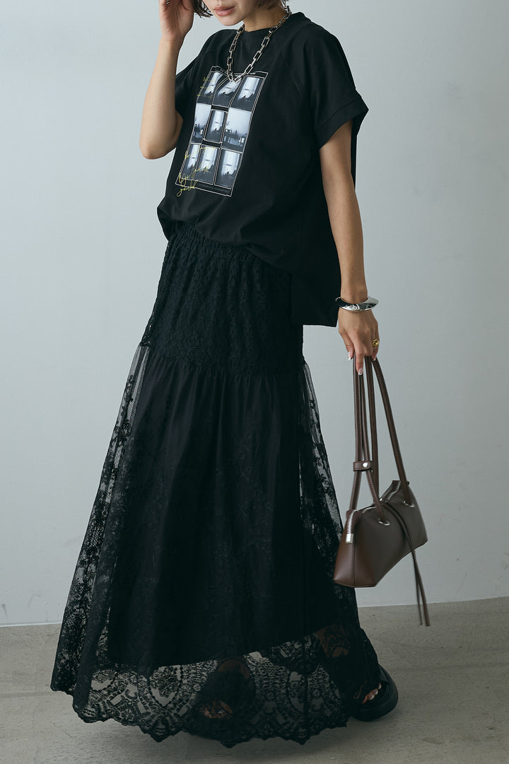 [SET]フォトプリントラグランTシャツ+ミックスレース刺繍スカート(2set)