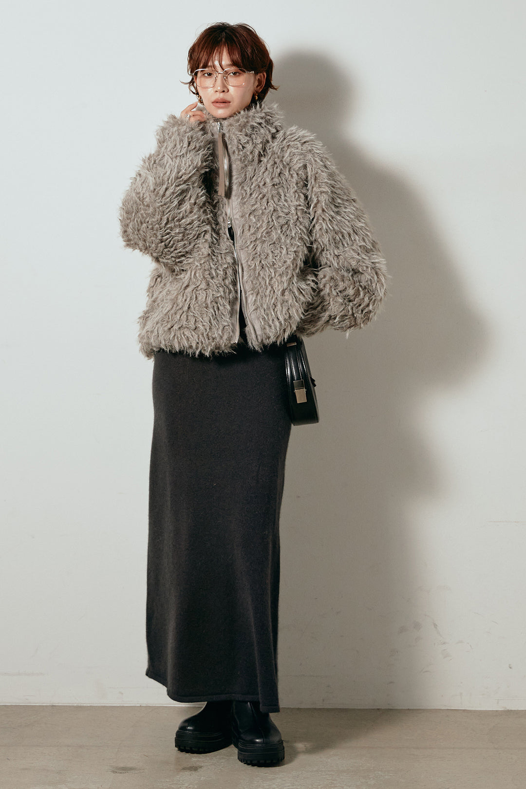 [SET]ミックスシープファースタンドブルゾン+ノースリーブニットロングワンピース(2set)