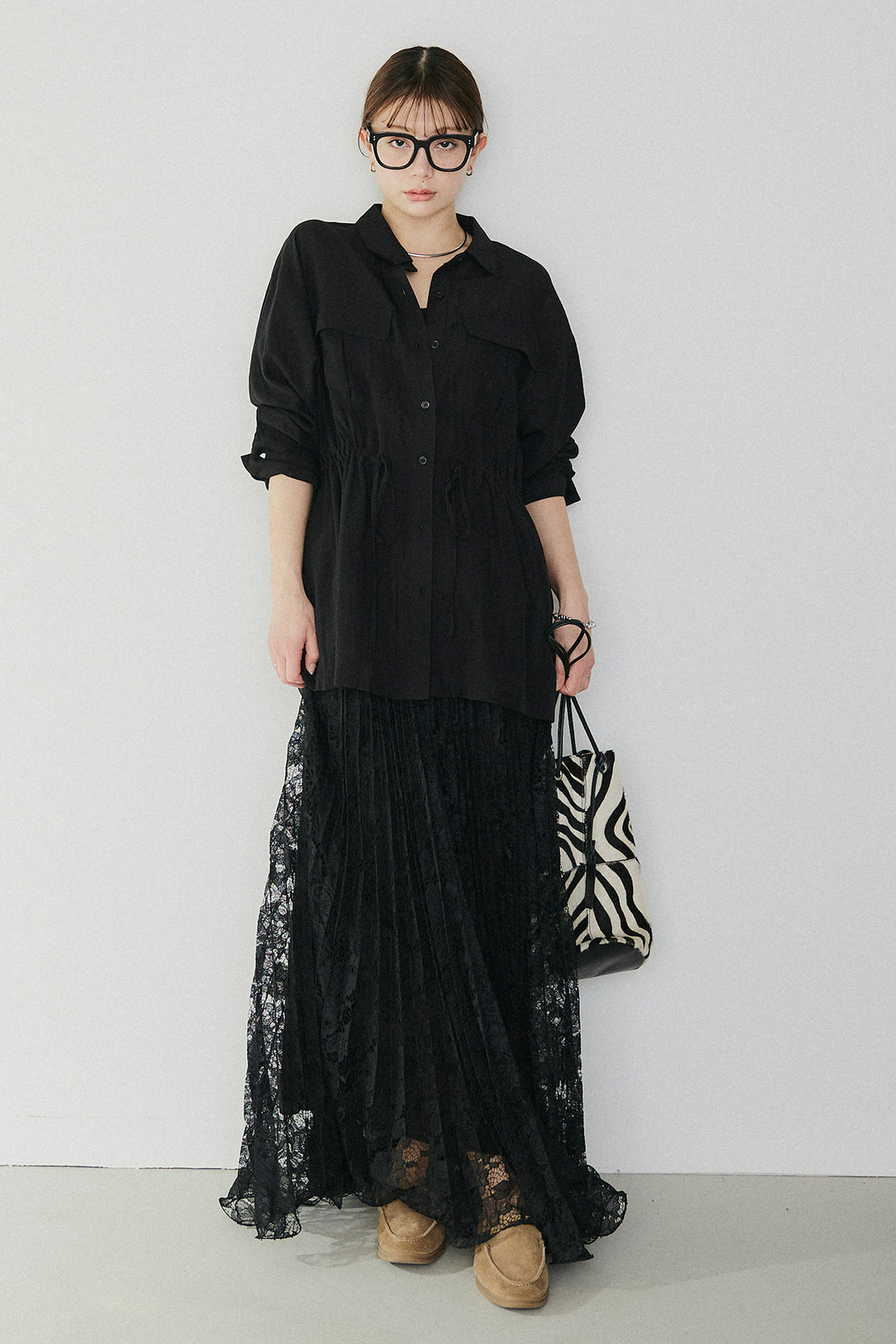 [SET]リネンブレンドシアーサファリシャツ+リラックスプリーツスカート(2set)