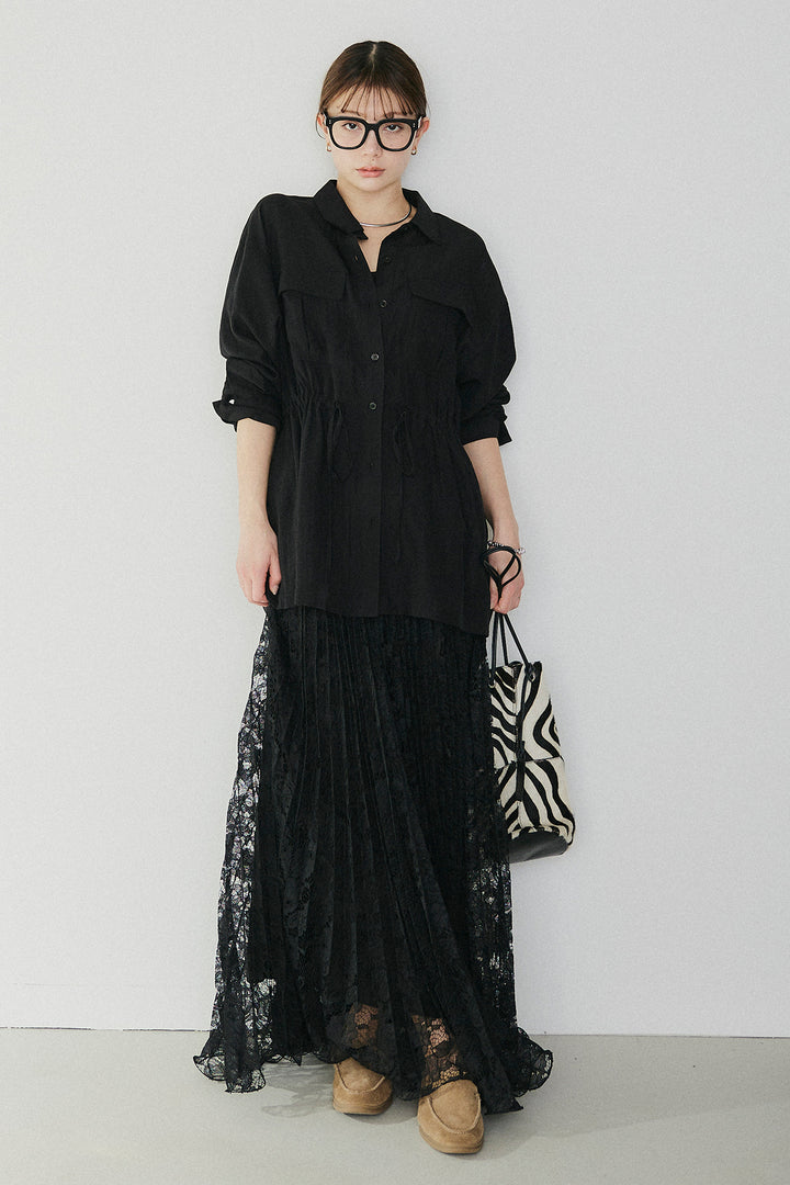 [SET]リネンブレンドシアーサファリシャツ+リラックスプリーツスカート(2set)