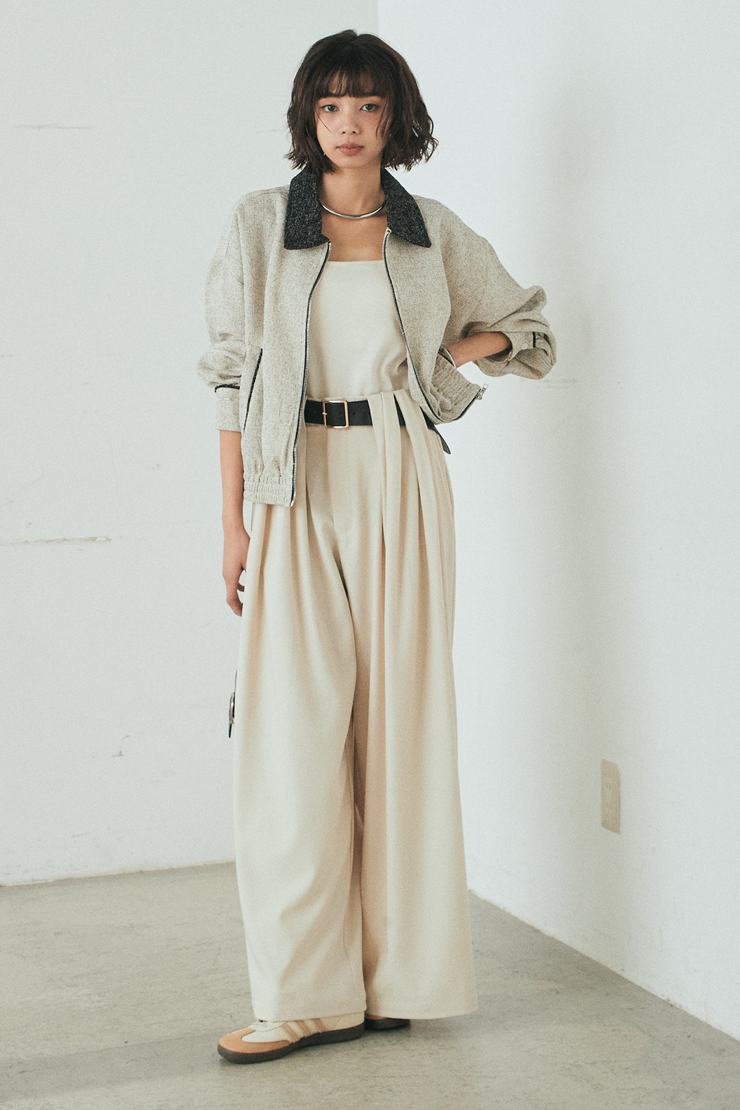 [SET]ツイード配色パイピングブルゾン+ベルト付きタックデザインハイウエストロングパンツ(2set)