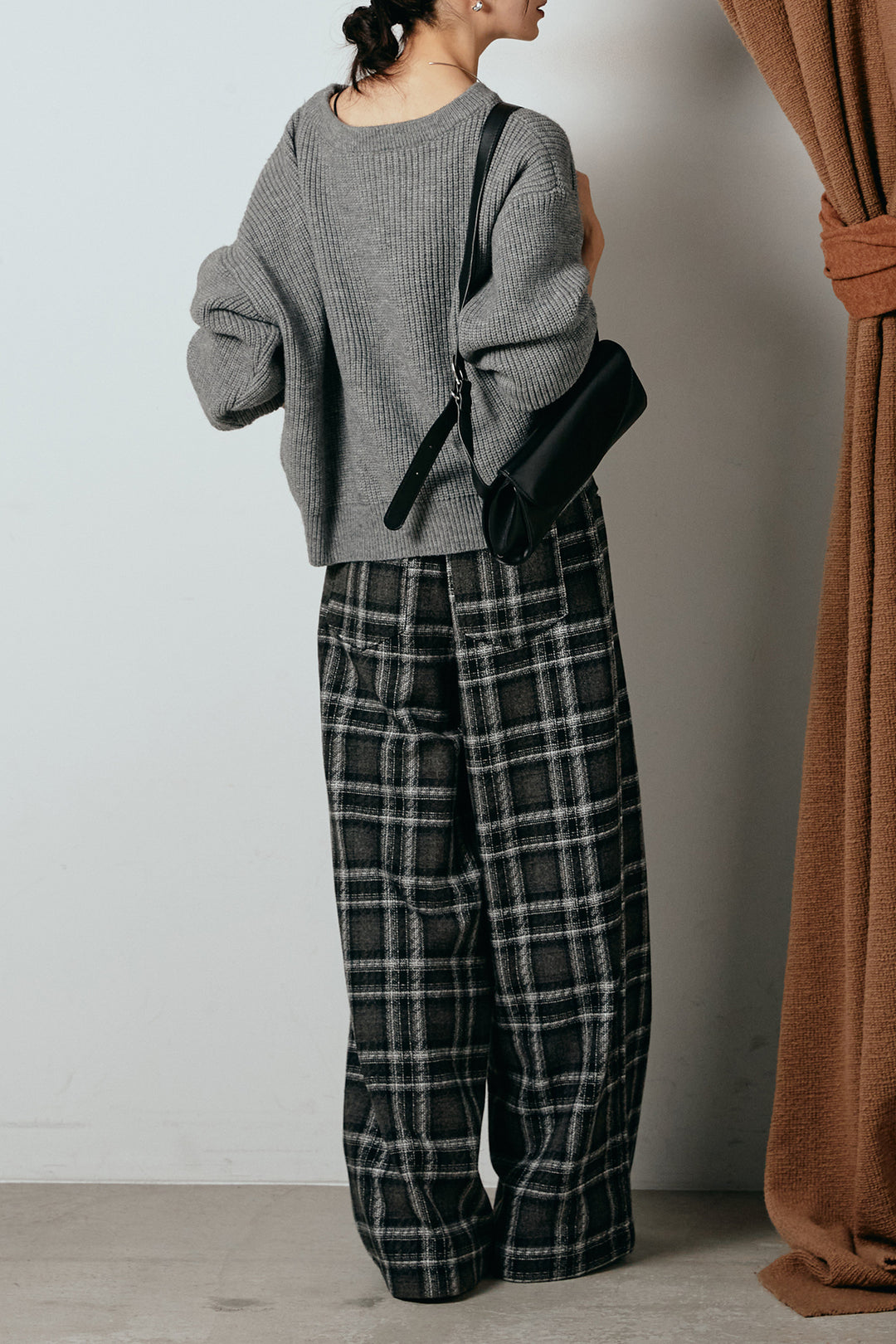 [SET]ロゴジャガードニットトップス+ルーズタータンチェックワイドパンツ(2set)