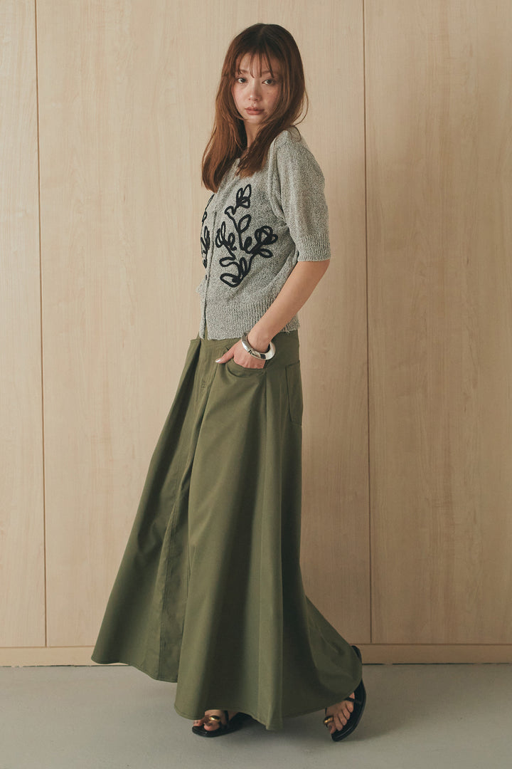 [SET]フロントテープデザイン半袖カーディガン+ミリタリーツイルタックフレアスカート(2set)