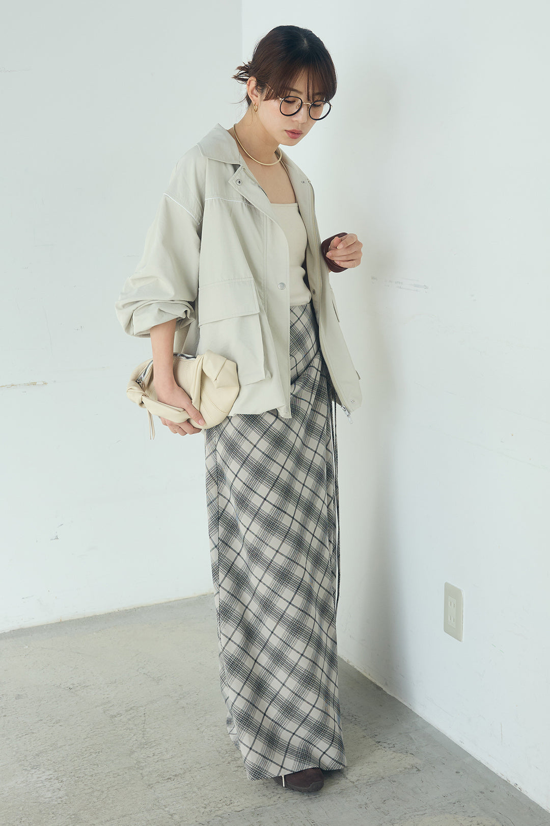 [SET]合繊ツイルバルーンジャケット+タータンチェック柄フロントデザインスカート(2set)