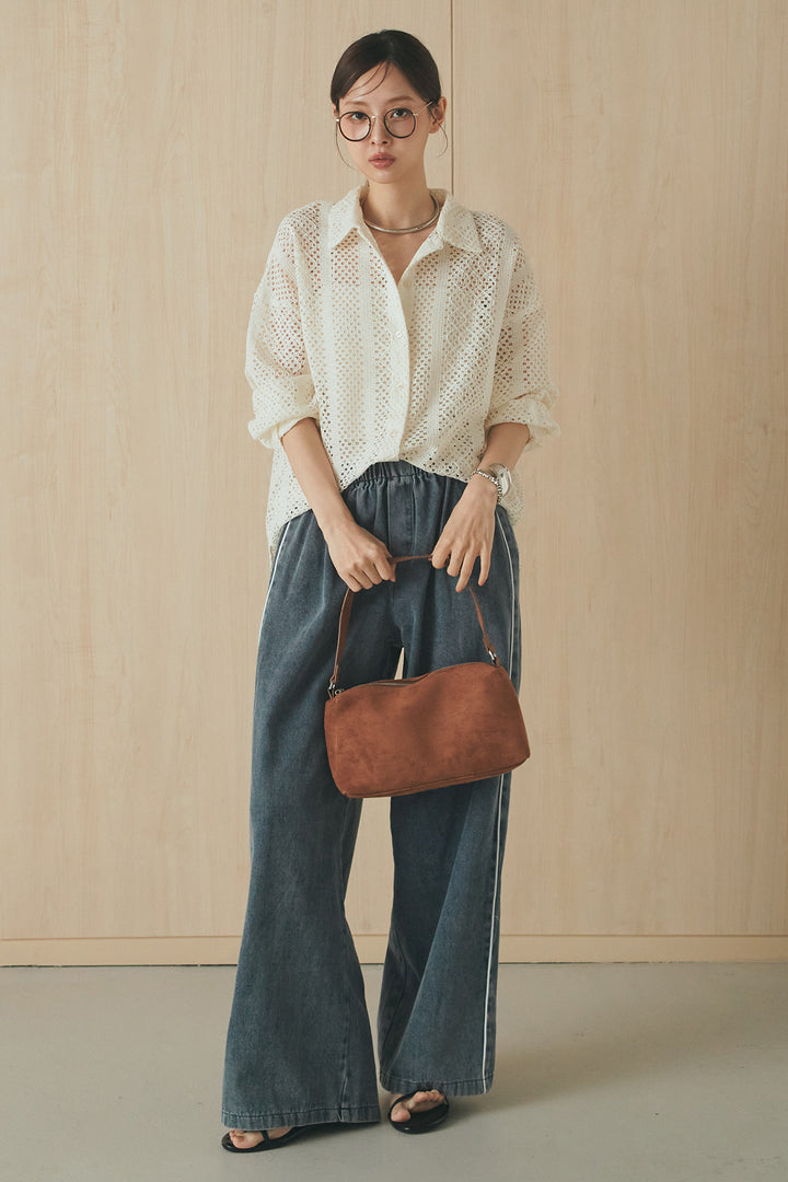 [SET]長袖襟付きレースシャツ+ドロストサイドラインデニムパンツ(2set)