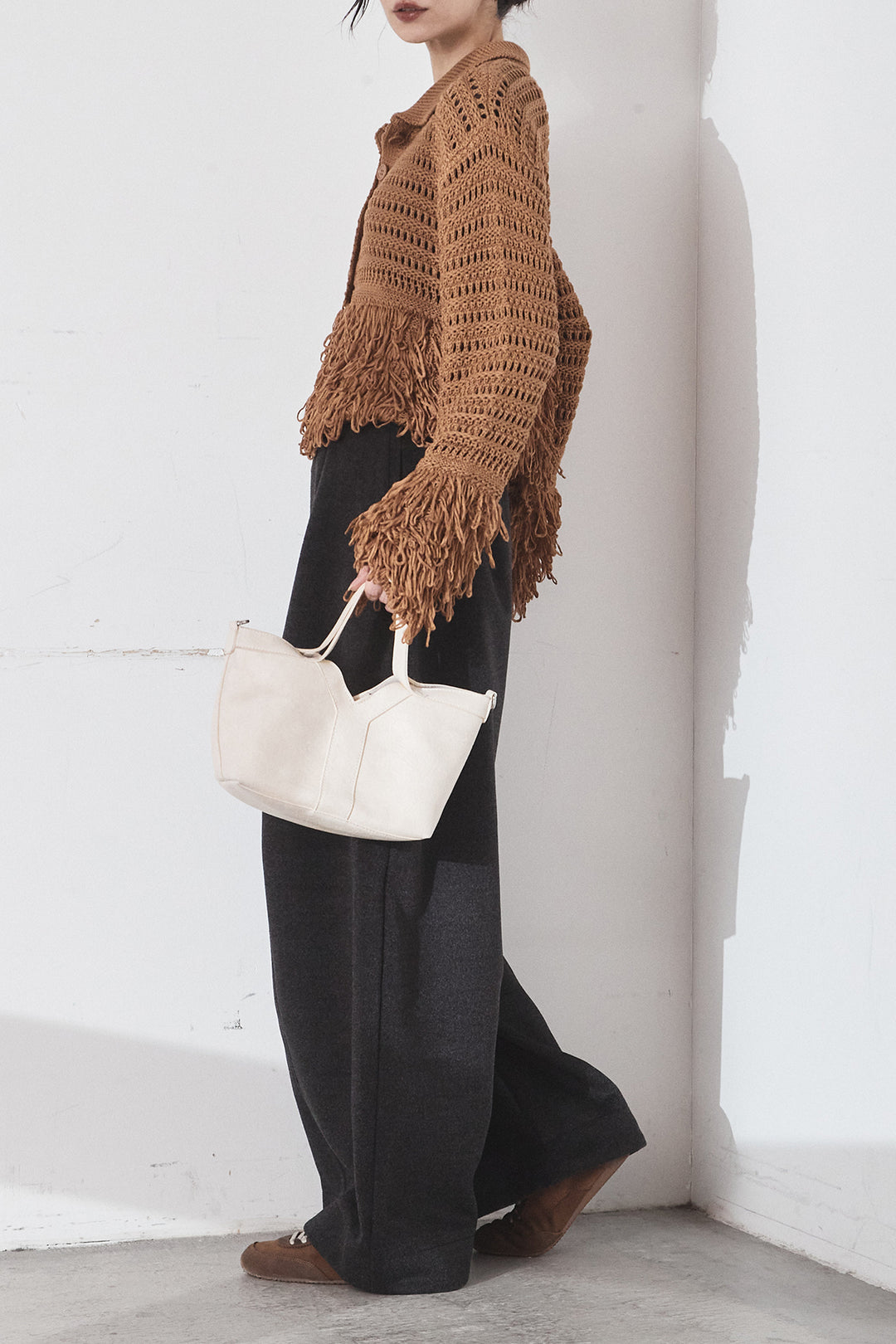 [SET]メッシュフリンジカーディガン+ウールタッチカーブワイドパンツ(2set)