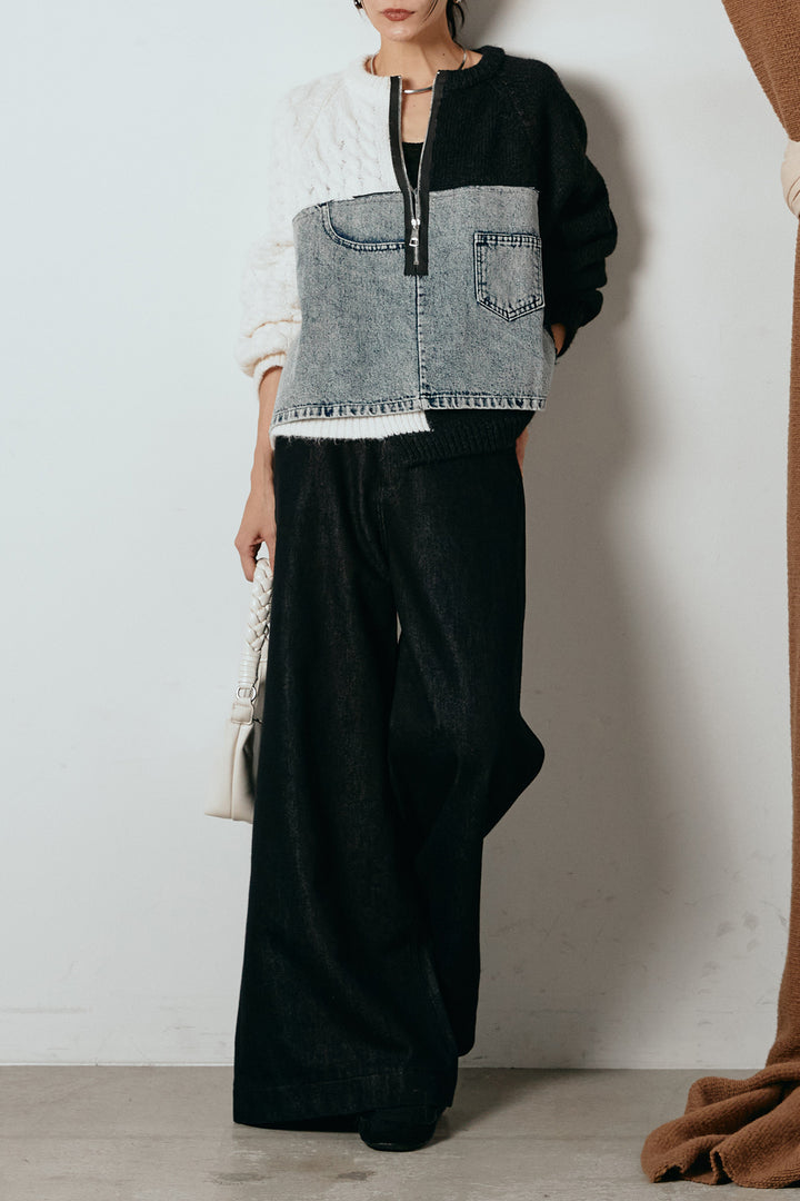 [SET]ハーフジップニットデニムドッキングトップス+ウエストダブルボタンワイドデニムパンツ(2set)