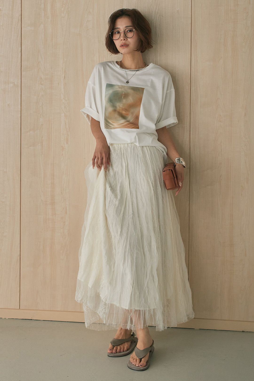 [SET]MarbleプリントTシャツ+レースコンビワッシャーギャザースカート(2set)