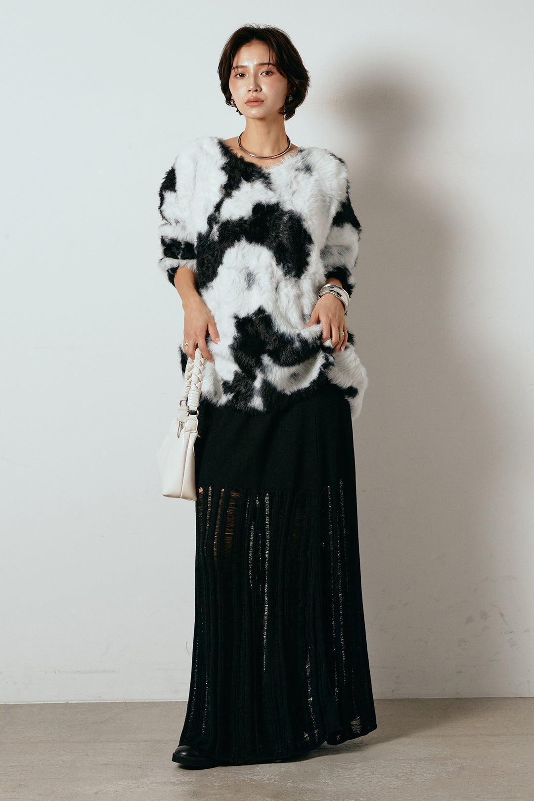 [SET]タイダイ柄シャギーニットトップス+裾シアーリブスカート(2set)