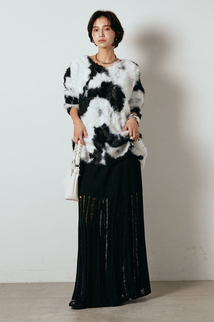 [SET]タイダイ柄シャギーニットトップス+裾シアーリブスカート(2set)