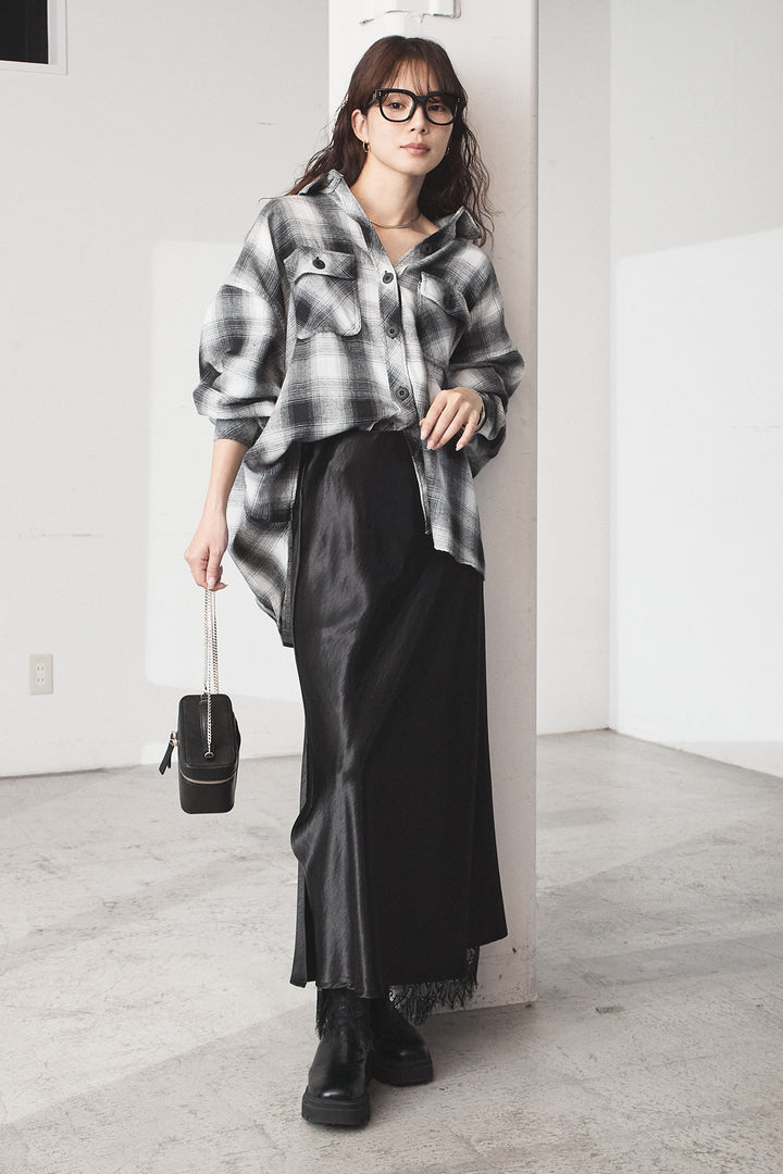 [SET]オンブレーチェックビッグシルエットCPOシャツ+裾レースデザインサテンスカート(2set)