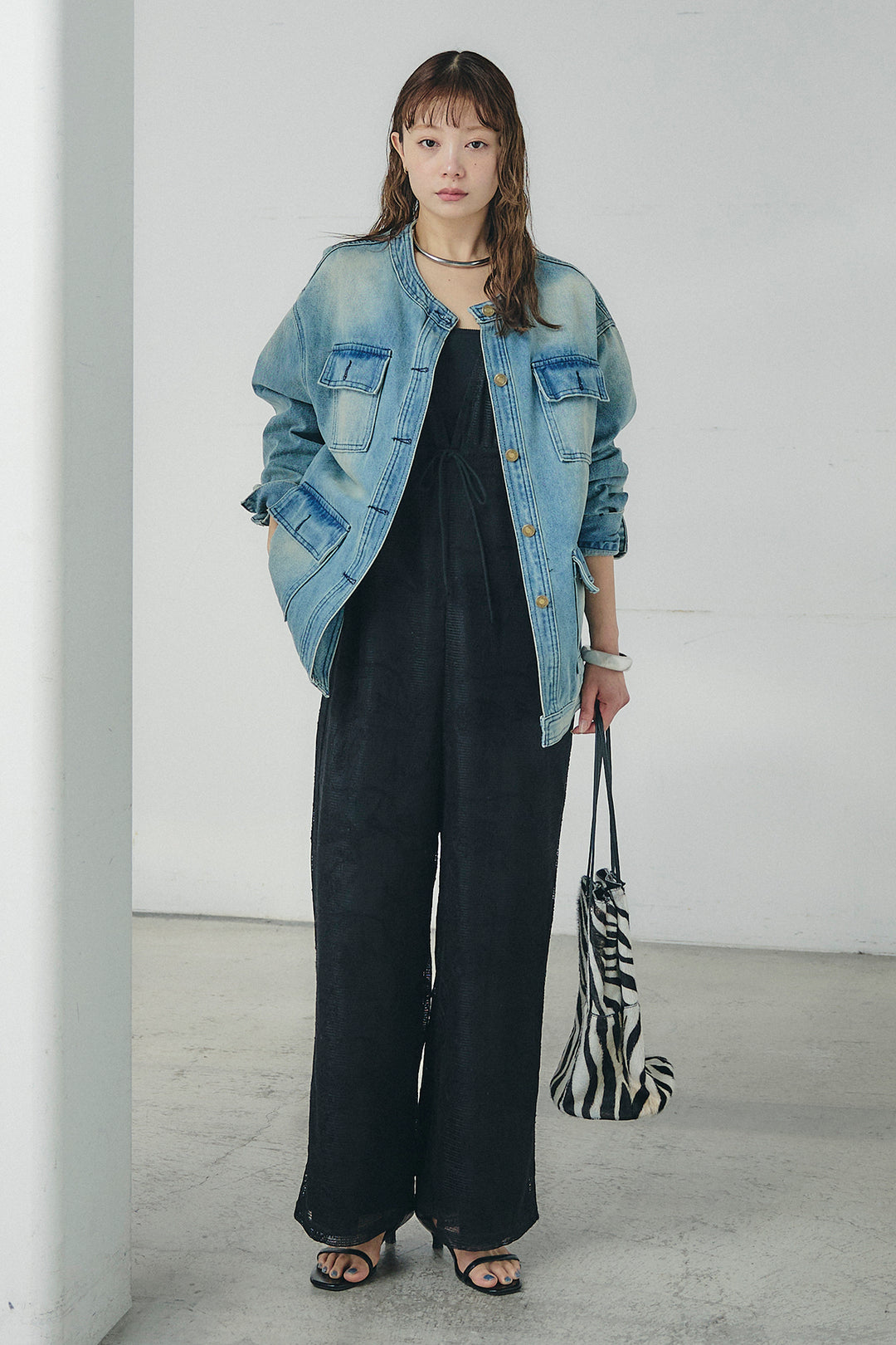 [SET]ノーカラーデニムポケットジャケット+レースサロペット(2set)