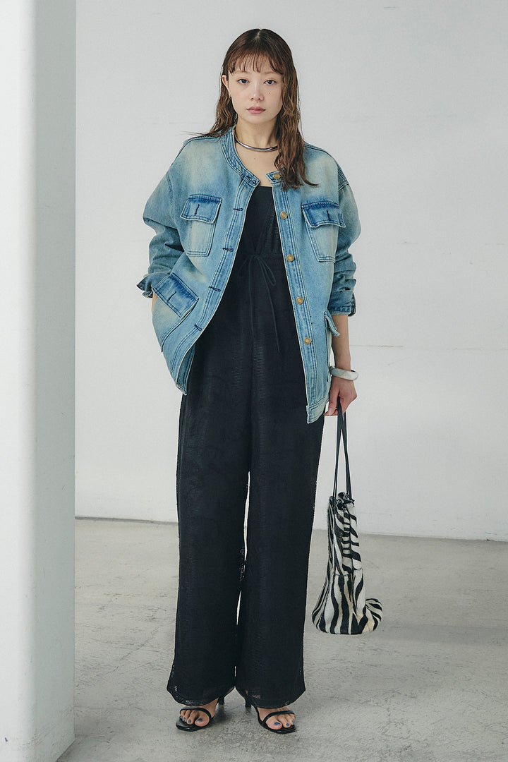 [SET]ノーカラーデニムポケットジャケット+レースサロペット(2set)