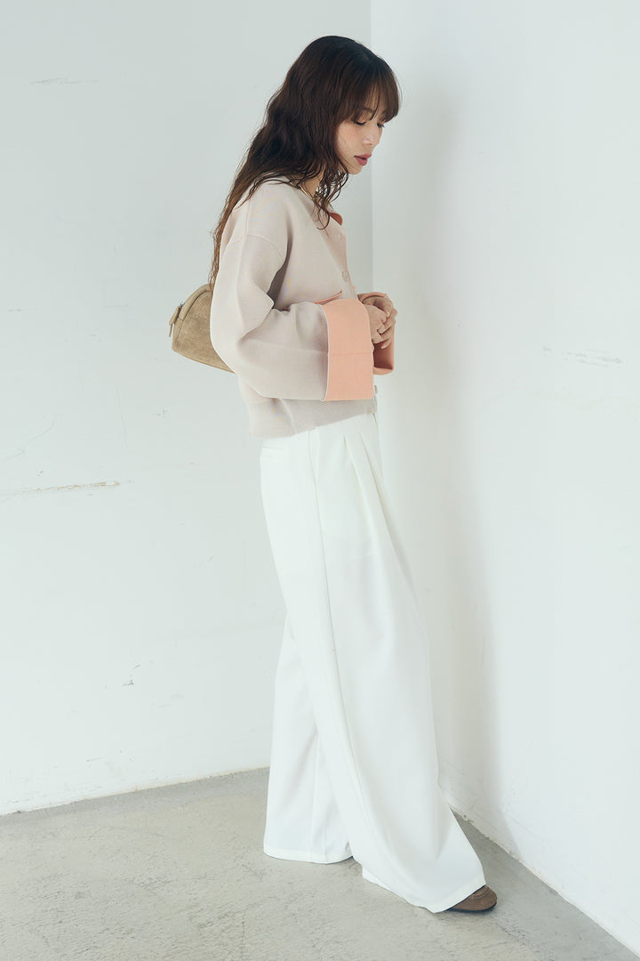 [SET]レーヨンポリダブルフェイスカーディガン+サイドベルトタック入りスラックス(2set)