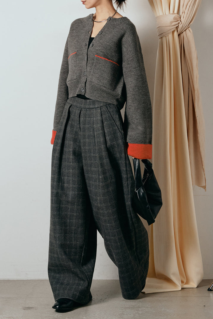 [SET]アルパカタッチダブルフェイスカーディガン+ウールライクチェックタックパンツ(2set)