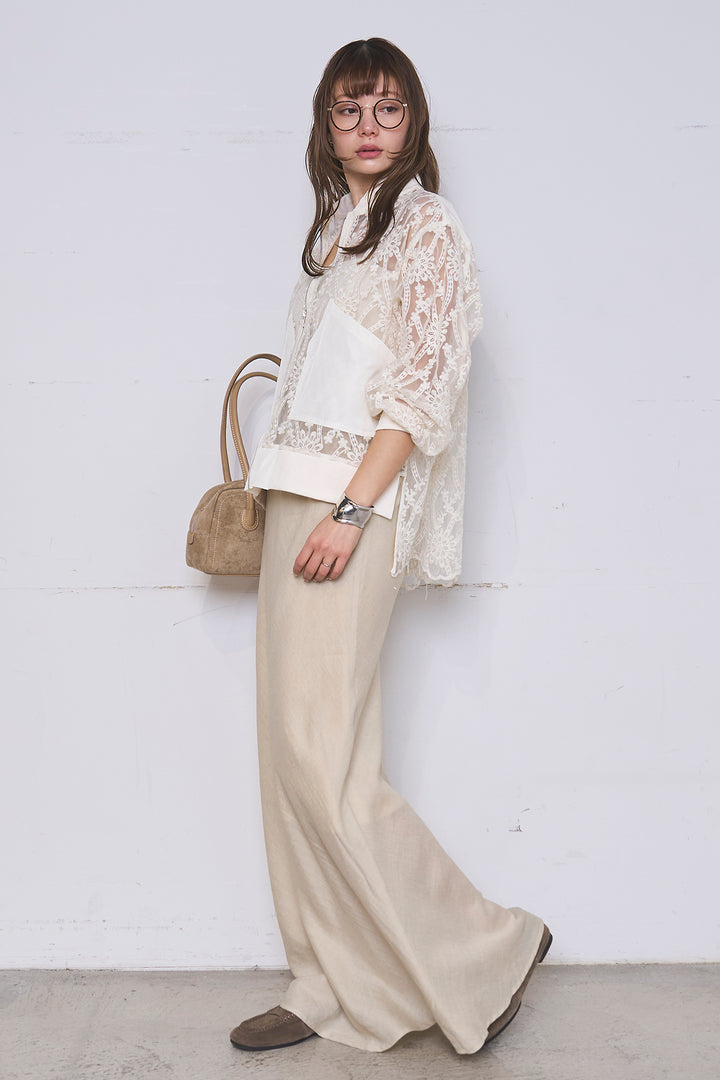 [SET]ノーカラーレースブルゾン+リネンブレンドロングナロースカート(2set)