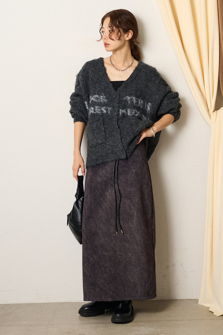 [SET]ウール混透かしロゴニットカーディガン+ロープベルト付きスウェード調スカート(2set)