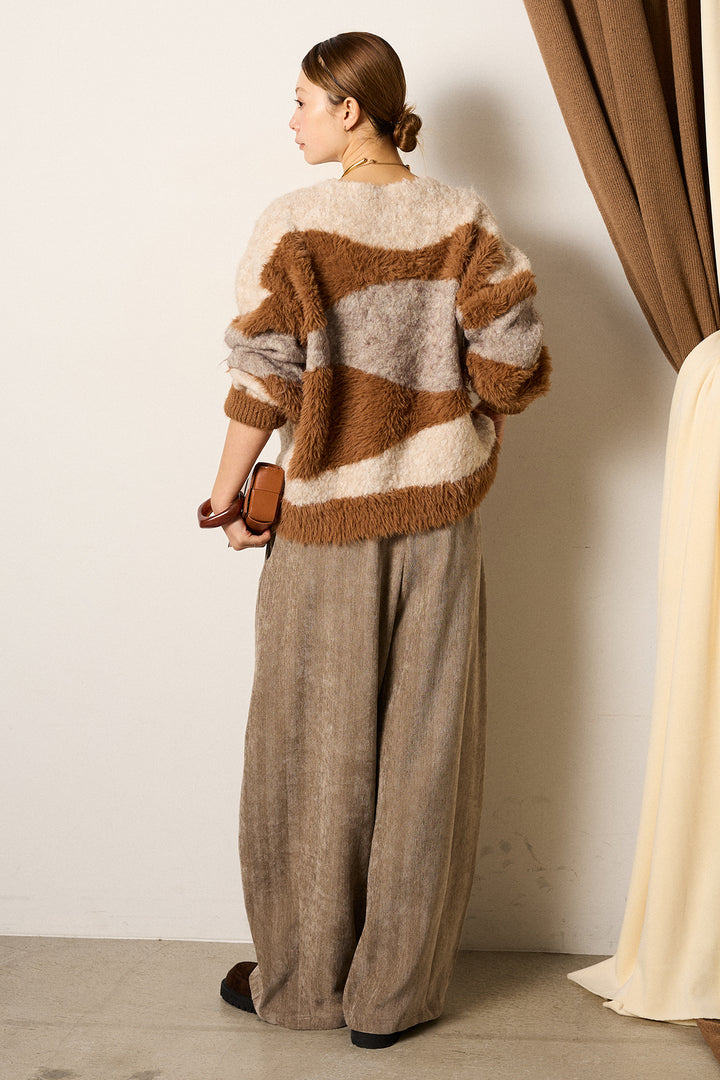 [SET]シャギーウェーブ柄クルーネックニットトップス+かすれデザインワイドパンツ(2set)