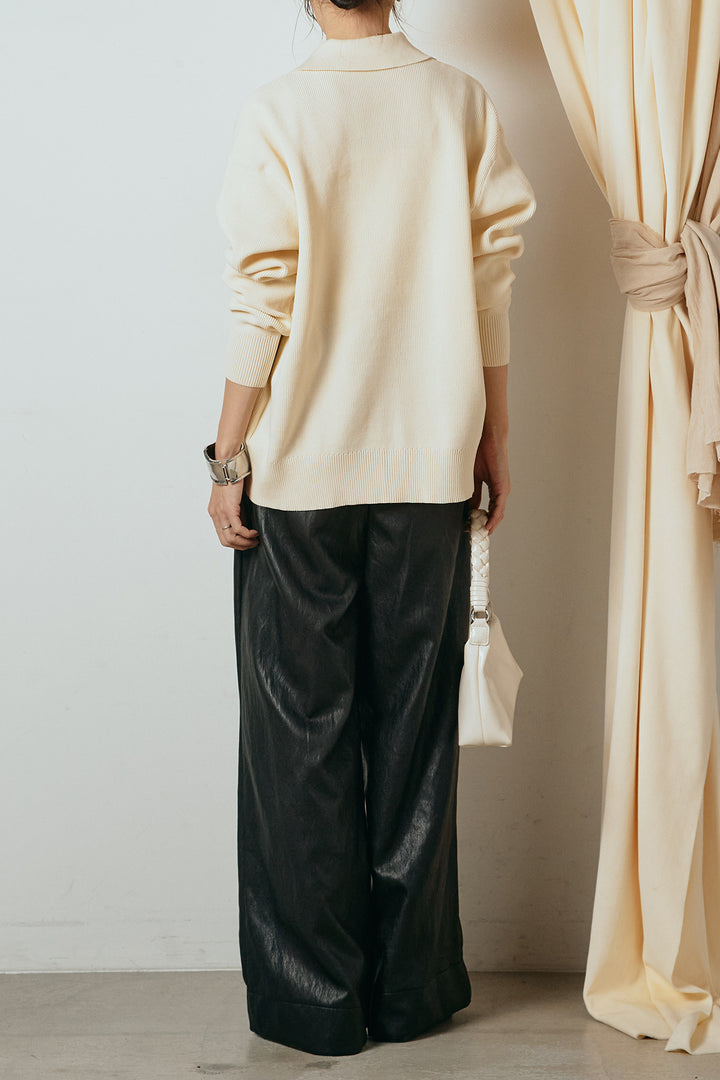 [SET]メタル釦衿付きニットカーディガン+ベルト付きレザーライクタックパンツ(2set)