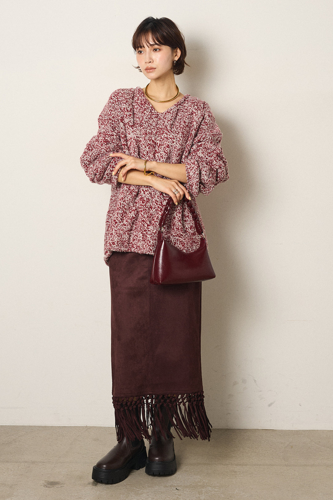 [SET]Vネックミックス編みニットトップス+スウェードライク裾フリンジスカート(2set)